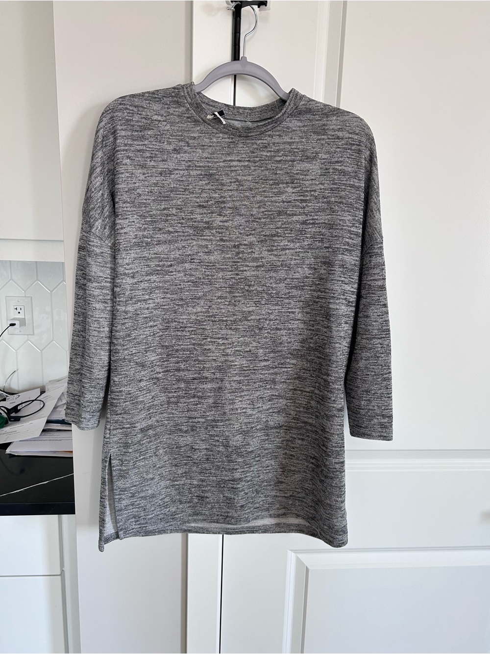 OAK + FORT Heather Grey Knit Tunic Dress Side Slit Oversized Long Sweater Top